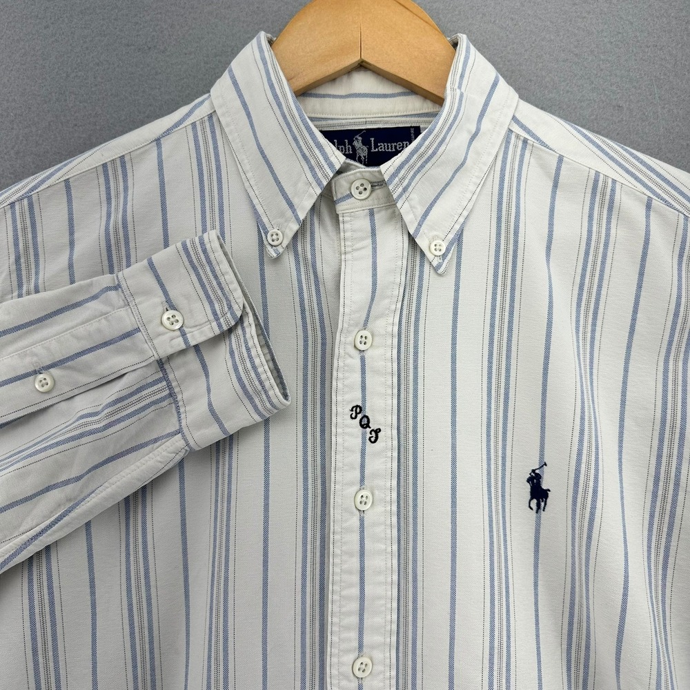 90s Ralph Lauren Button Down Long Sleeve Striped Blue 15.5-33 Embroidered VTG